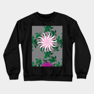 White and Pink, Cerise and Purple Flowers on a Vine Leaf and Mid-Grey background Crewneck Sweatshirt